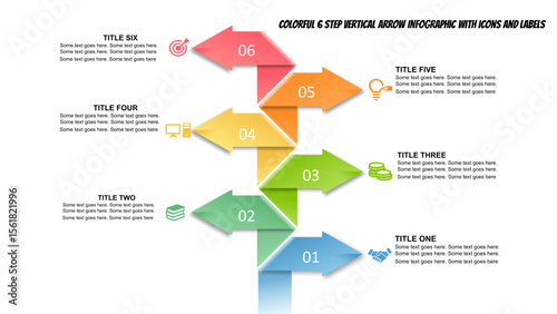 Colorful 6 Step Vertical Arrow Infographic with Icons and Labels. Fully editable modern infographic vector elements SVG file compatible with PowerPoint, Illustrator, and most vector-based applications