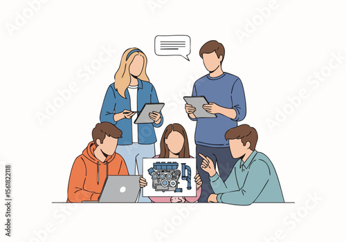 Hand Drawn Group Collaboration on Engine Design Team Discussion Illustration