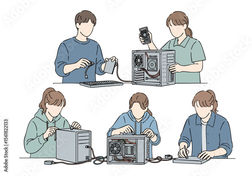 Line Art Detailed Computer Assembly and Repair Illustration with People