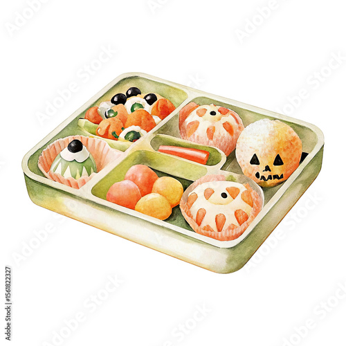 vintage watercolor halloween themed lunch tray with jack-o'-lantern rice ball, eyeball dessert and spooky snacks, isolated transparent png..