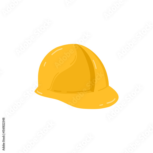 A bright yellow cartoon construction helmet sits prominently against a white background, symbolizing safety and protection for workers on job sites in various industries and environments.