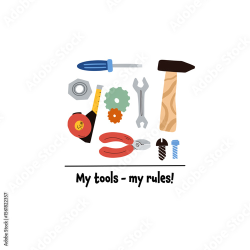 Kids t-shirt design showcasing colorful cartoon work tools arranged playfully, accompanied by the humorous quote my tools my rules, ideal for little construction enthusiasts.