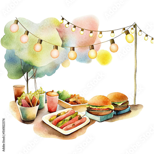vintage watercolor outdoor food stand with burgers, hot dogs, drinks and lights, isolated transparent png for summer party or print..