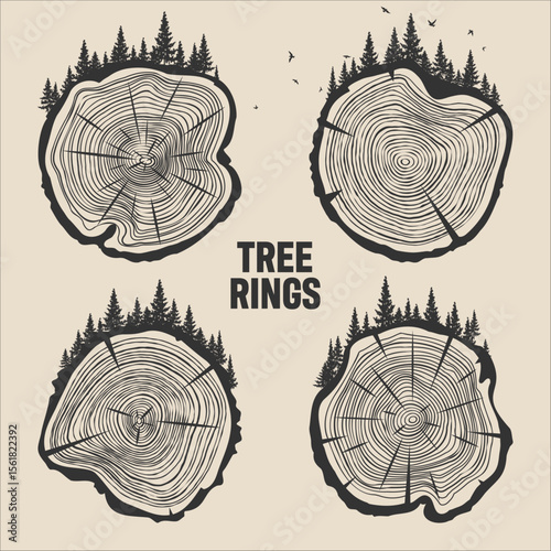 Round tree trunk cuts with trees, forest and birds. Sawn pine or oak slices, lumber. Saw cut timber, wood. Brown wooden texture with tree rings. Hand drawn sketch. Vector illustration