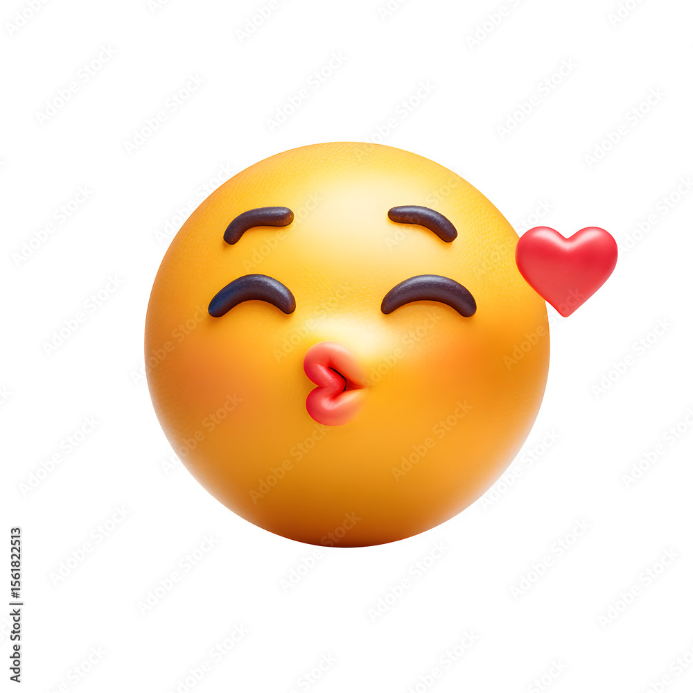 Fototapeta premium Expressive yellow emoji face sending a loving kiss with a red heart on a transparent background, perfect for social media and heartfelt digital messages.