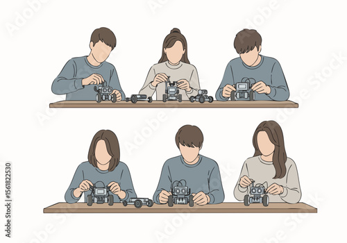 Flat Handdrawn Children Building Robot Educational Skill Learning Illustration