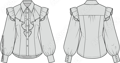  Fashion flat sketch of ruffle blouse, puff sleeve shirt, button front top design for women’s clothing technical illustration vector flat vector illustration