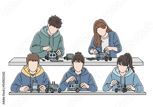 Line Drawing People Building Robot Together Concept Illustration