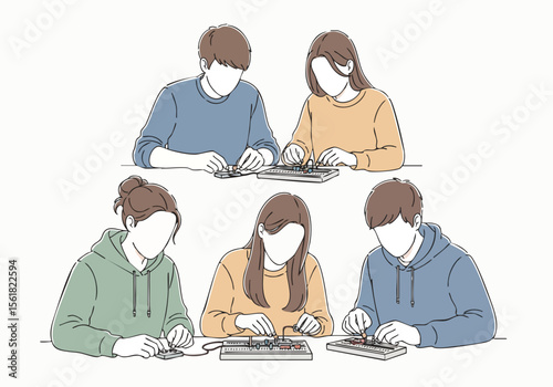 Minimalist Handdrawn People Working Together on Electronic Circuit Board Illustration