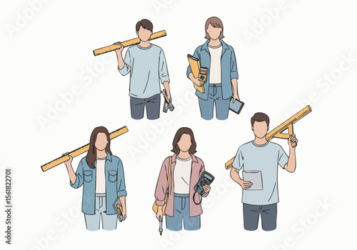 Flat Line Art Set of Construction Workers Diverse Group Illustration