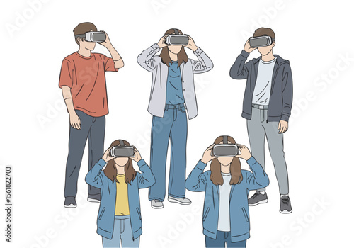Minimalist Line Art People Wearing VR Headset Experiencing Immersive Technology