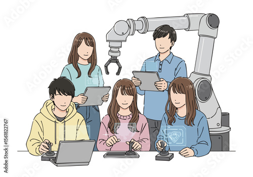 Detailed Line Art Group of Young People Working on Robotics Project Together
