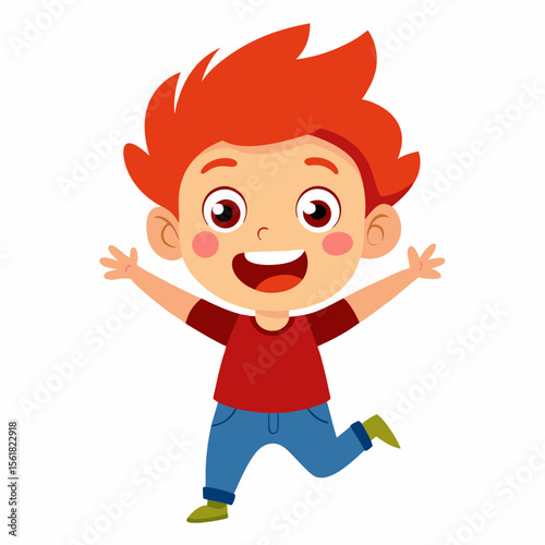 excited boy, red hair boy, ginger boy, happy child, full body boy, full-length boy, standing boy, joyful boy, cartoon boy, child character, redhead kid, white background, flat design, redhead avatar, 
