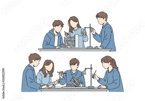 Minimalist Line Art Science Experiment with Students in Laboratory Illustration