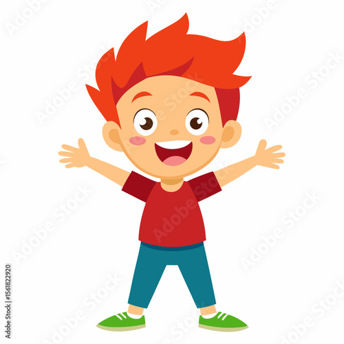 excited boy, red hair boy, ginger boy, happy child, full body boy, full-length boy, standing boy, joyful boy, cartoon boy, child character, redhead kid, white background, flat design, redhead avatar, 