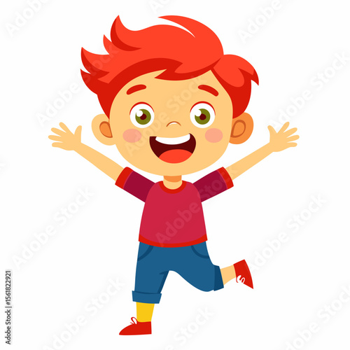 excited boy, red hair boy, ginger boy, happy child, full body boy, full-length boy, standing boy, joyful boy, cartoon boy, child character, redhead kid, white background, flat design, redhead avatar, 