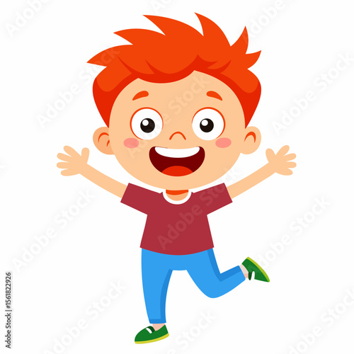 excited boy, red hair boy, ginger boy, happy child, full body boy, full-length boy, standing boy, joyful boy, cartoon boy, child character, redhead kid, white background, flat design, redhead avatar, 