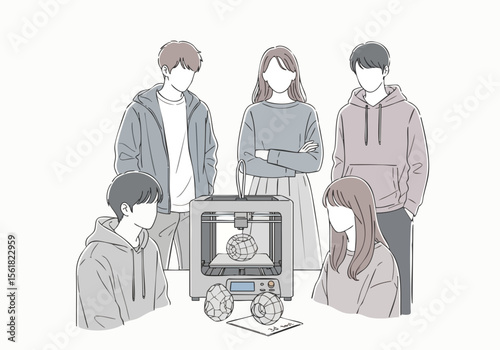 Minimalist Outline Group of Young Adult People Using 3D Printer Machine