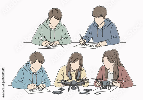 Simple Line Art Young People Learning Drone Technology Illustration