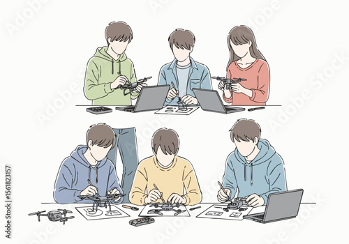 Handdrawn Group of People Assembling Drone with Laptop Illustration
