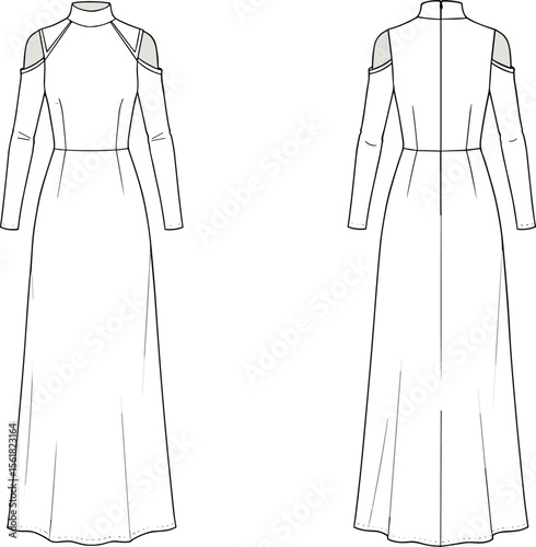  Cold shoulder maxi dress technical flat, vector fashion illustration, long sleeve gown design template, stylish dress for fashion designers

 flat vector illustration