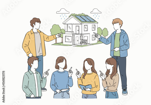 Flat Style Group of People Presenting House with Solar Panel Illustration