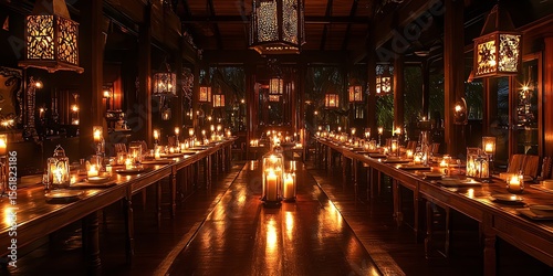 Elegant Warmly Lit Dining Room with Candlelit Tables and Wooden Decor