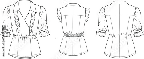  Vector fashion flat of ruffle blouse, puff sleeve top illustration, stylish women's shirt technical drawing for garment design and development

 flat vector illustration