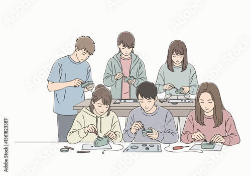 Minimalist Line Art Students Assembling Electronics Kits Education Activity