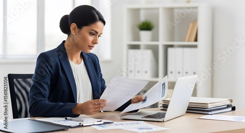 Focused businesswoman meticulously reviews important financial documents at her desk, a laptop nearby, in a bright modern office setting.