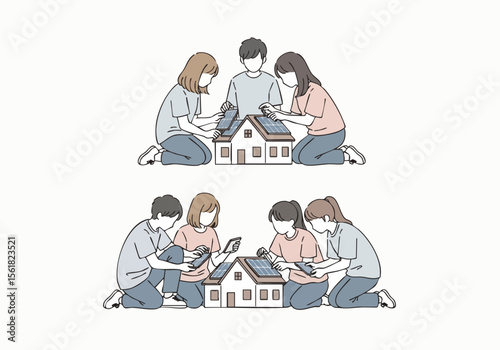 Simple Line Illustration of Group of People Building Solar House Model
