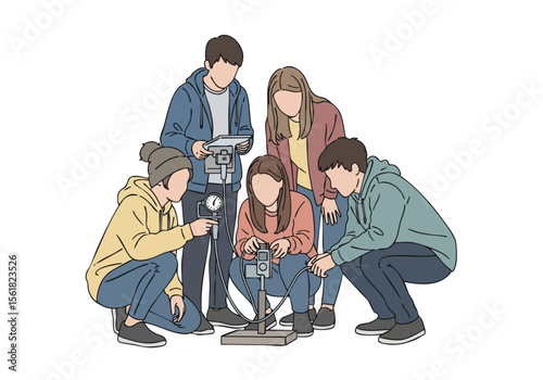 Minimalist Lineart Group of Students Conducting Experiment in Laboratory Illustration
