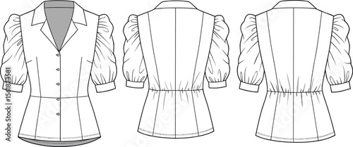 Vector flat sketch of puff sleeve shirt, button-up women's blouse, fashion technical drawing for clothing design, garment development illustration  flat vector illustration