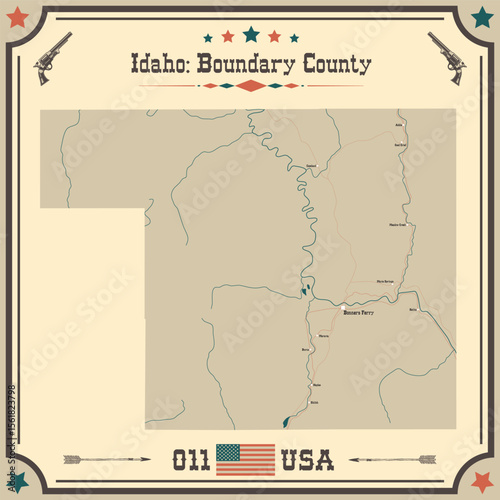 Large and accurate map of Boundary County, Idaho, USA with vintage colors.