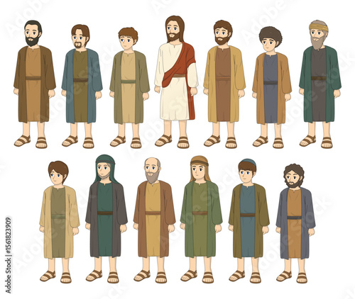 illustration of jesus and 12 disciples in japanese anime style