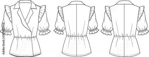 Flat technical sketch of women’s ruffle sleeve blouse, vector fashion template, short puff sleeves, wrap front, stylish garment design

 flat vector illustration
