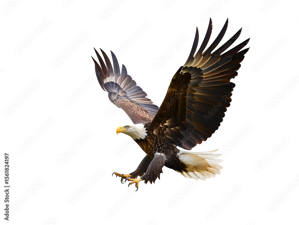 Fototapeta premium Stylized Bald Eagle in Flight Surrounded by Faint Fireworks , Isolated to Transparent Background