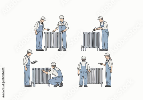 Hand Drawn Style Worker Fixing Radiator Installation Illustration Series