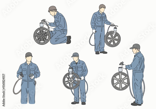 Line Art Mechanic Maintenance Wheel Automotive Part Illustration in Various Poses