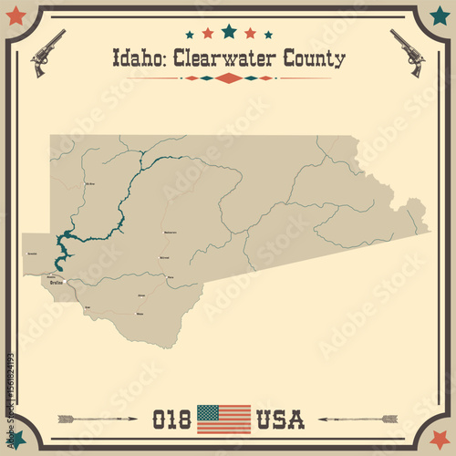 Large and accurate map of Clearwater County, Idaho, USA with vintage colors.