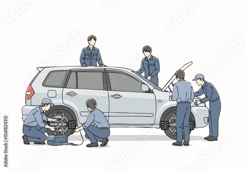 Sketch Handdrawn Car Maintenance Service with Mechanics and Tools Illustration