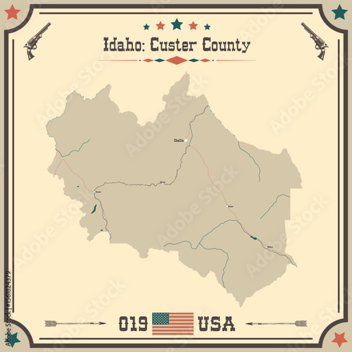 Large and accurate map of Custer County, Idaho, USA with vintage colors.