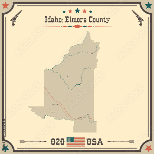 Large and accurate map of Elmore County, Idaho, USA with vintage colors.