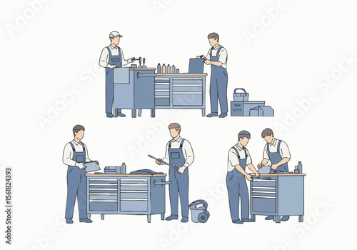 Simple Handdrawn Mechanic Repairing Cars At Garage Illustration