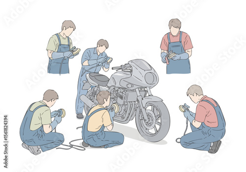 Handdrawn Sketch People Repairing Motorcycle Automotive Vehicle Maintenance Service Illustration