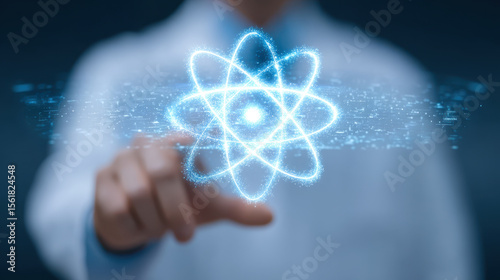 Atomic model Science technology Digital atom Futuristic interface Energy concept Innovation visualization Hand interaction