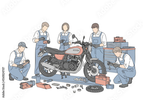 Handdrawn Detailed Motorcycle Repair Team Service in Garage Illustration