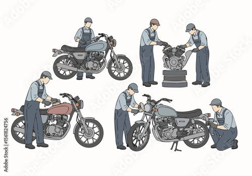 Detailed Illustration of Various Mechanics Repairing Classic Motorcycles in a Workshop