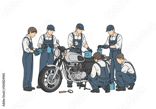 Minimalist Handdrawn Motorcycle Maintenance and Repair Workshop Illustration in Soft Color