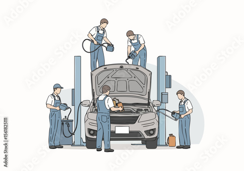 Hand Drawn Car Repair Service Illustration with Mechanic and Automobile Category